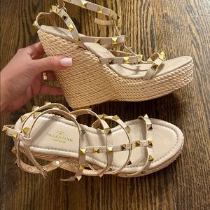 Valentino Tan Wedges with Gold Studs